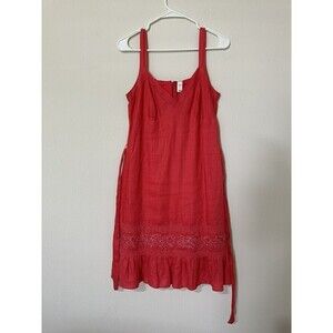 VTG Old Navy Red Coral Linen Cotton Floral Embroidered Dress Size 6 Beachy Boho